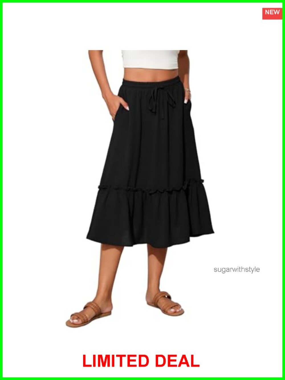 Womens High Waist Tiered Midi Skirt Flowy A-Line with Pockets